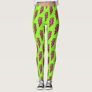 Leggings Neon Green & Pink Lightning Motif des années 80/90
