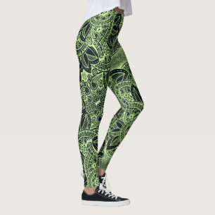 Leggings Neon Green Yoga Zen Floral Paisley Mandala Motif