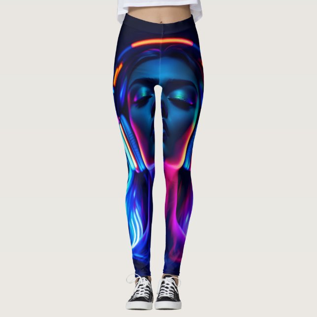 Leggings Neon Music Meditation – Woman with Headphones Art (Devant)