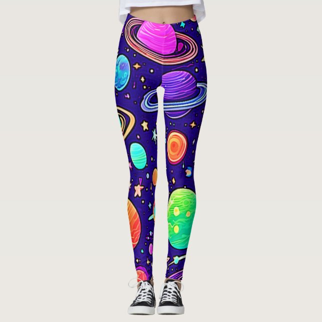 Leggings Neons Fleurs : Planètes & Étoiles (Devant)