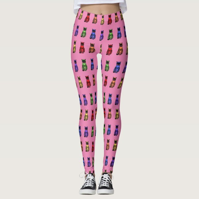 Leggings Noble Rainbow Cats Sitting on Pink (Devant)