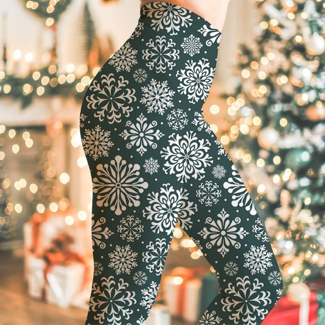 Leggings Noël à motif de flocon de neige vert foncé et blan (Créateur téléchargé)