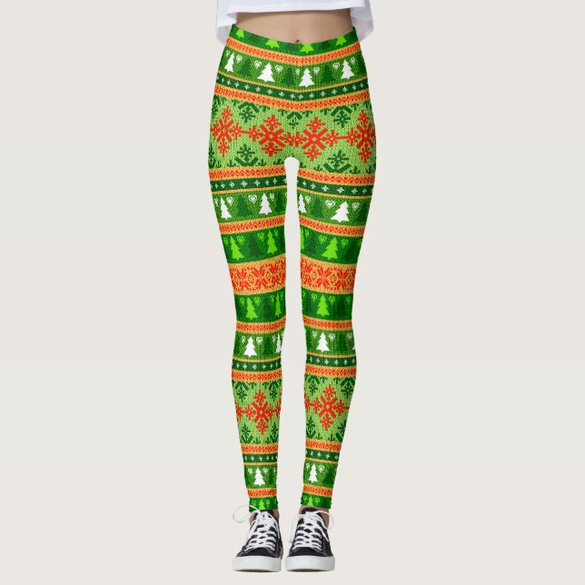 LEGGINGS NOËL ARBRE VERT BLANC ORNAMENTS ROUGES (Devant)