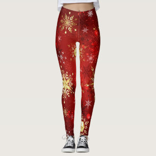 Leggings Noël Golden Snowflakes sur Arrière - plan rouge
