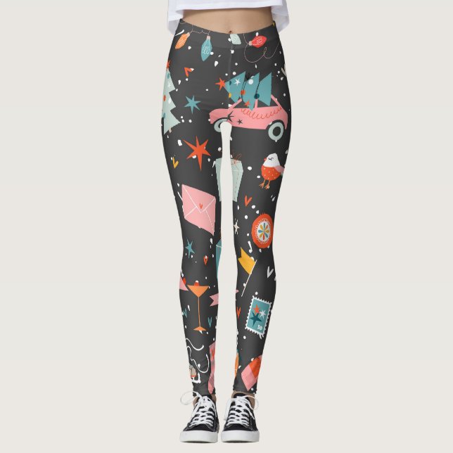 Leggings Noël noir : motif vintage orné. (Devant)