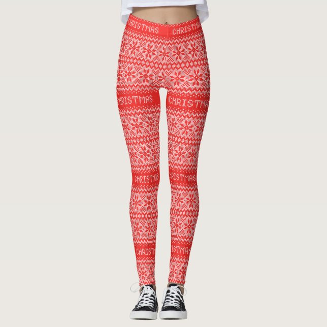 Leggings Noël nordique rouge de motif de flocons de neige (Devant)