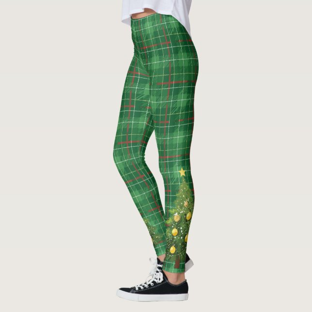 Leggings Noël Plaid vert avec arbre (Gauche)