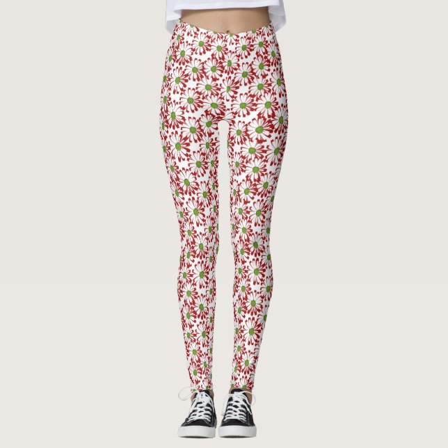 Leggings Noël Rouge et vert marguerite motif floral (Devant)