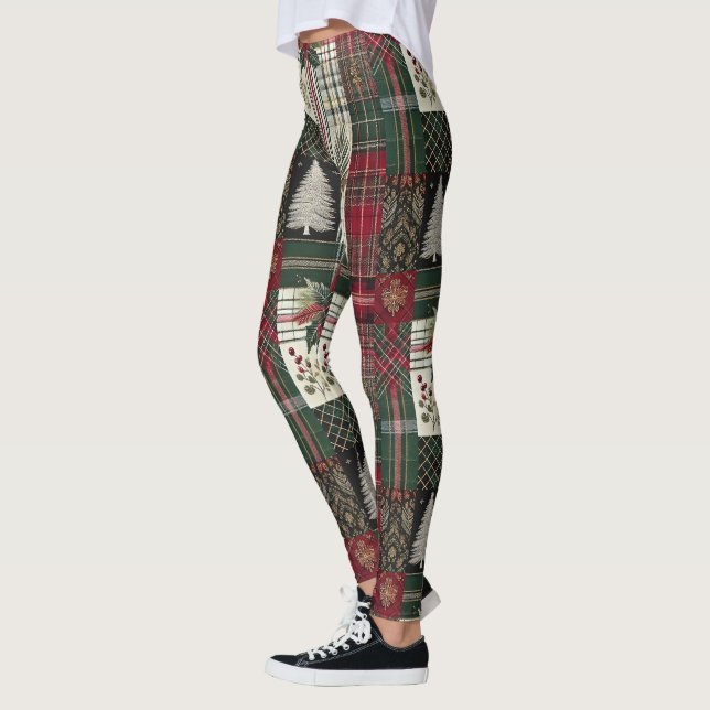 Leggings Noël Russe Plaid traditionnel Vert Motif (Gauche)