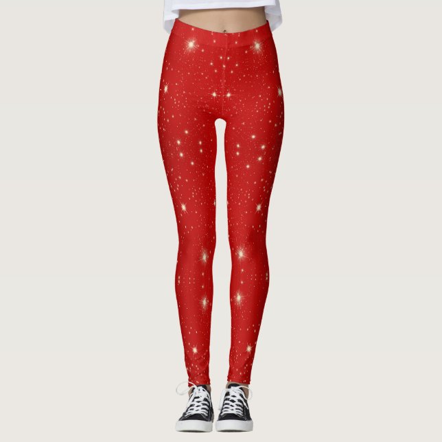 Leggings Noël vintage, Étoiles brillantes en Galaxie rouge (Devant)
