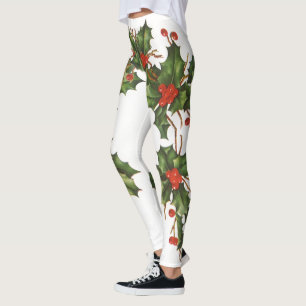 Leggings Noël vintage, plante de houx avec des baies rouges
