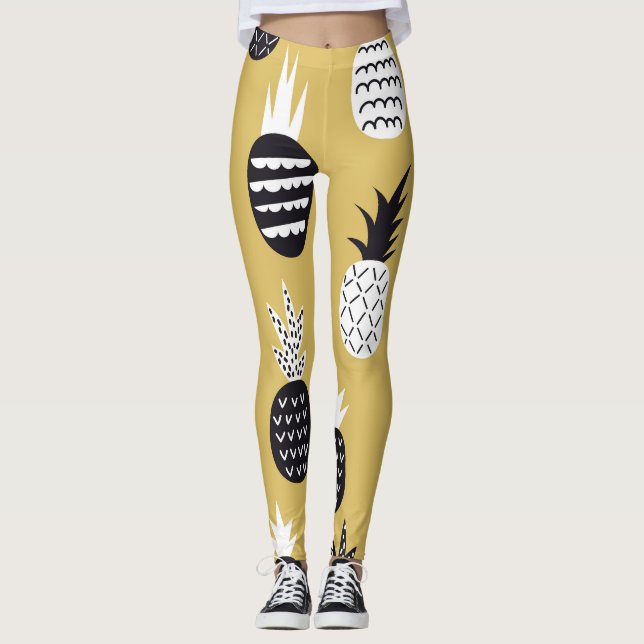 Leggings Noir, ananas blanc, arrière - plan jaune (Devant)