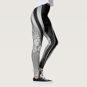 Leggings Noir & Argent Floral Damas Conception géométrique