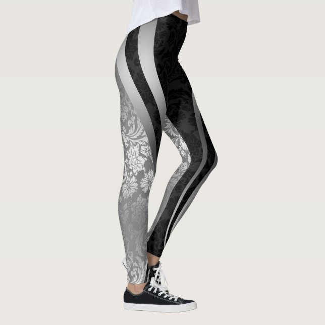 Leggings Noir & Argent Floral Damas Conception géométrique (Droite)