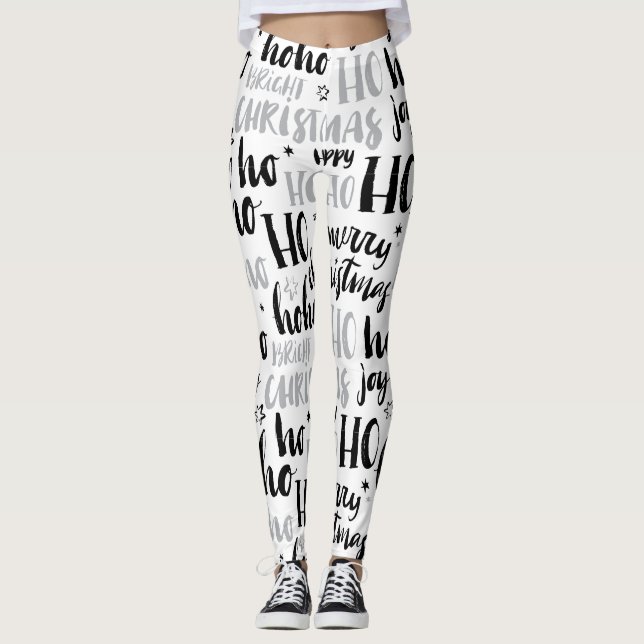 Leggings Noir & Argent Mot de Noël Texte Art mignon Aesthe (Devant)