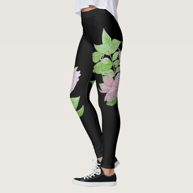 Leggings noir avec audacieuse grande fleur rose motif flora (Gauche)