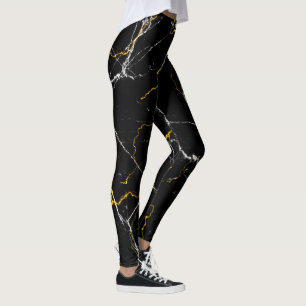 Leggings Noir avec feuille d'or motif en marbre