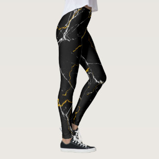Leggings Noir avec feuille d'or motif en marbre