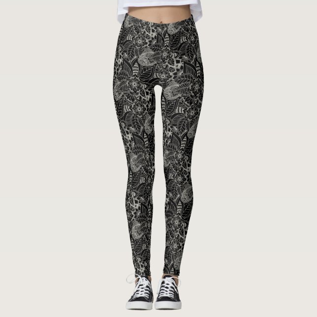 Leggings Noir avec Motif de dentelle florale gris clair (Devant)