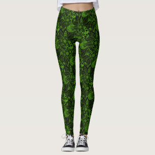 Leggings Noir avec Motif de dentelle florale vert néon