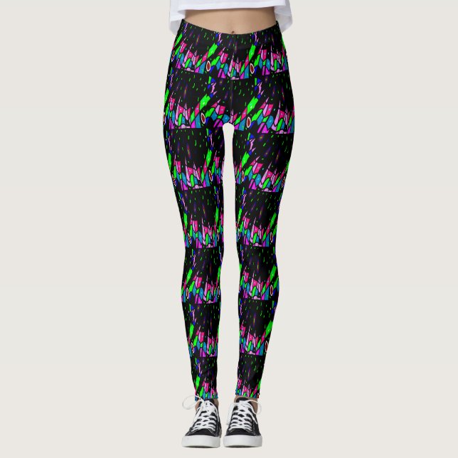 Leggings Noir avec motifs en rose et vert (Devant)