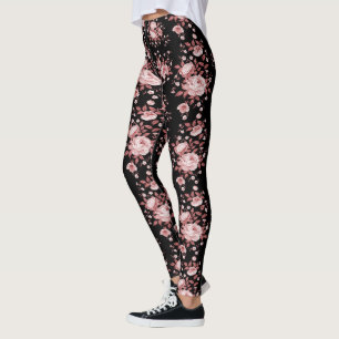 Leggings Noir avec pattes florales roses