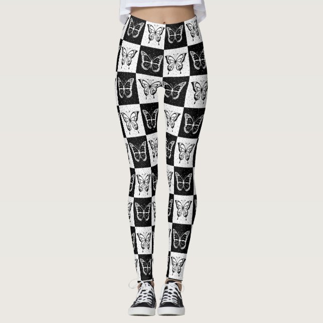 Leggings Noir blanc À damiers conception papillon (Devant)