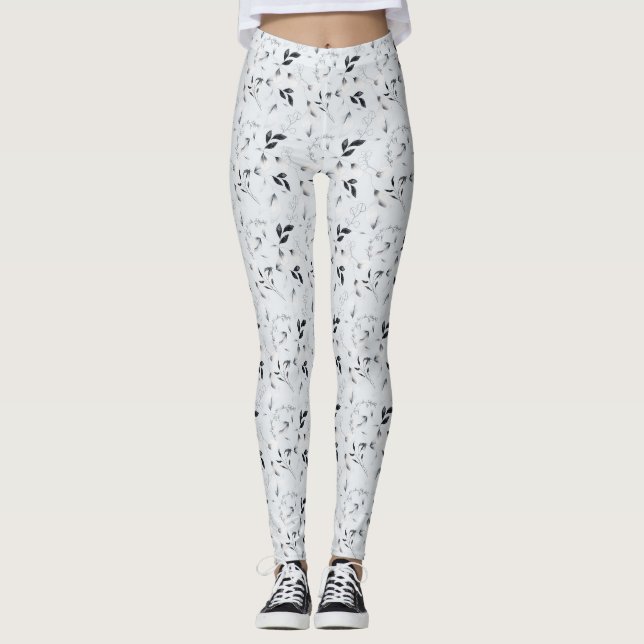 Leggings Noir Blanc Argent Gris Feuilles Florales  (Devant)