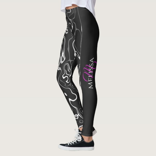 Leggings Noir blanc damas abstrait motif Monogramme (Gauche)