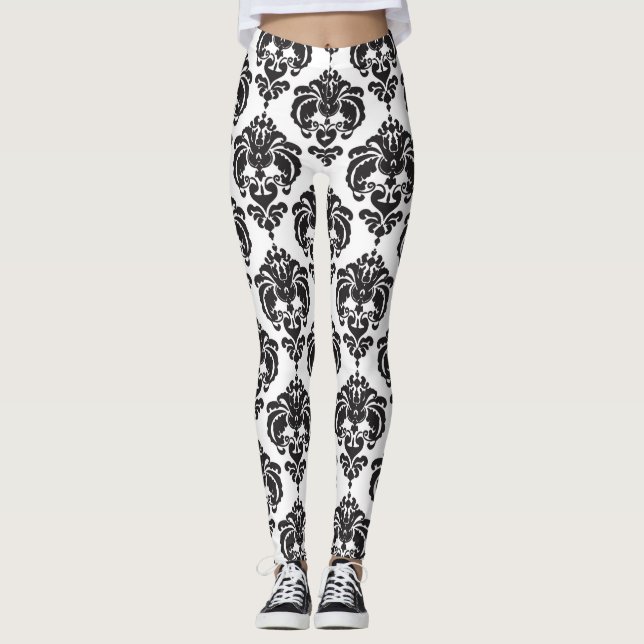 Leggings Noir & Blanc Damask Chic Moderne Motif élégant (Devant)