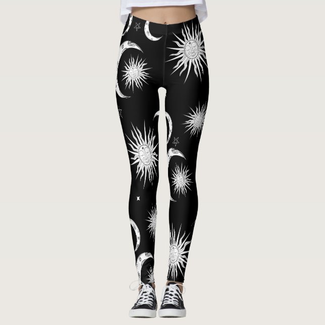 Leggings Noir & Blanc Fantaisiste Soleil Lune & Étoiles (Devant)