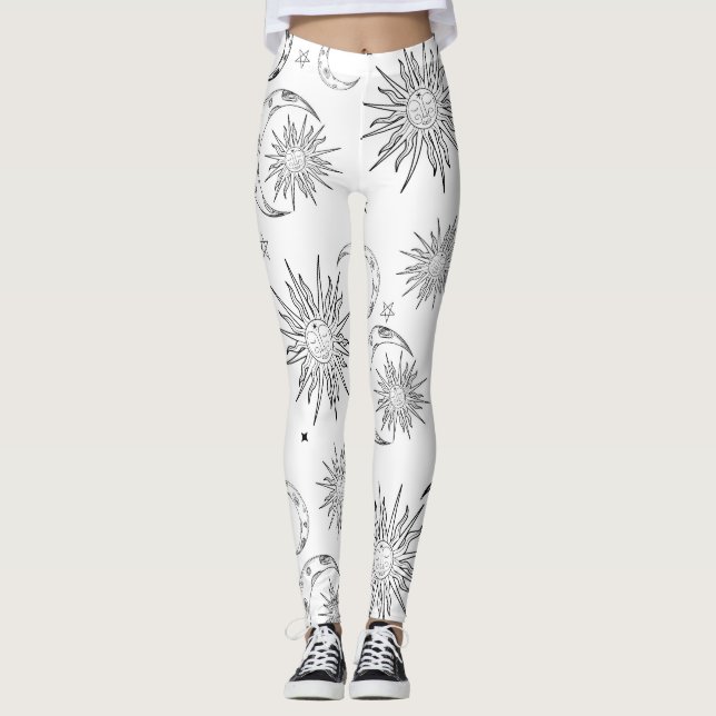Leggings Noir & Blanc Fantaisiste Soleil Lune & Étoiles (Devant)