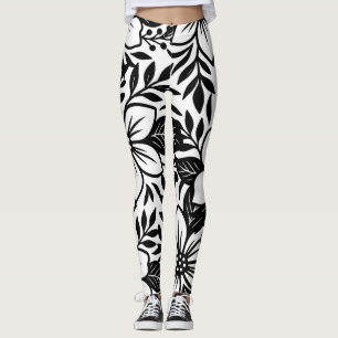 Leggings Noir Blanc Moderne Floral Élégant Tropical Fleurir