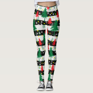 Leggings Noir Blanc Stripes Neiges Rouge Vert Arbres