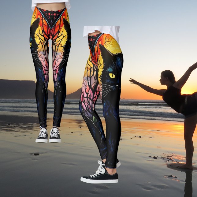 Leggings Noir Chat Verre Trait Rouge Éffrayant Yoga (Zazzle Black Cat Lover Stained Glass Red Spooky Yoga Leggings)