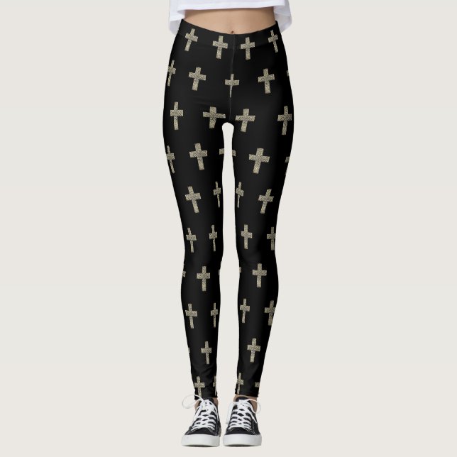 Leggings Noir élégant et motif croisé religieux d'or (Devant)