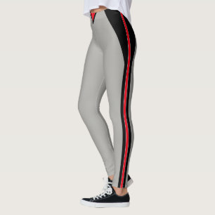 Leggings Noir élégant & rayures rouges sur gris argent clai