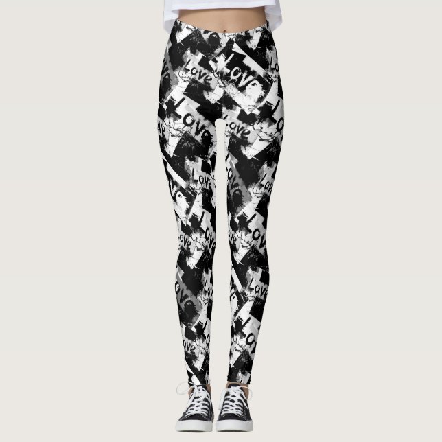 Leggings Noir et blanc avec des taches motif d'amour (Devant)