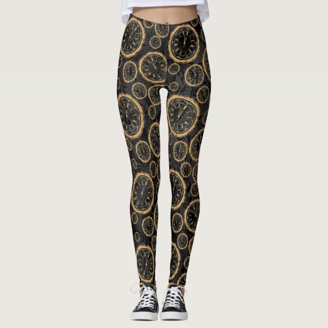 Leggings Noir et Leggins de conception d'horloge d'or (Devant)