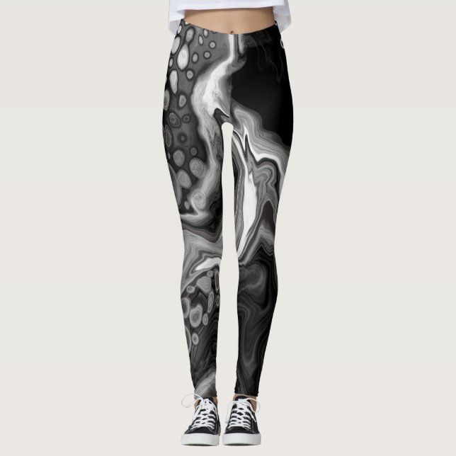 Leggings Noir et Marbre blanc Digital Fluid Art (Devant)