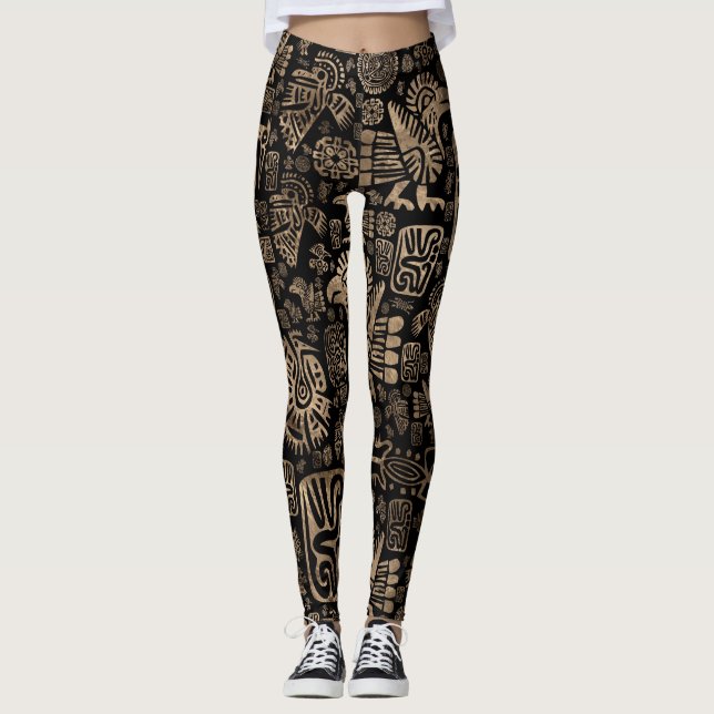Leggings Noir et or de motif d'ornements de Natif américain (Devant)
