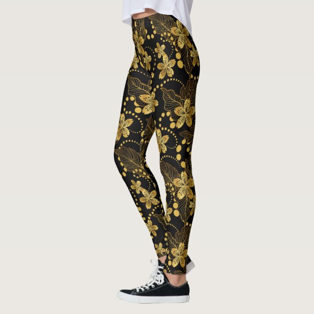 Leggings Noir et or feuilles tropicaux & fleurs motif (Gauche)