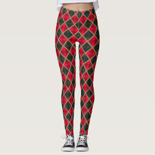 Leggings Noir et rouge avec Carrés d'or