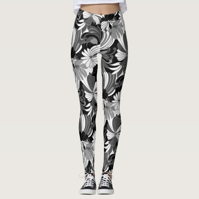 Leggings Noir floral tropical hawaïen de jungle de ketmie (Devant)