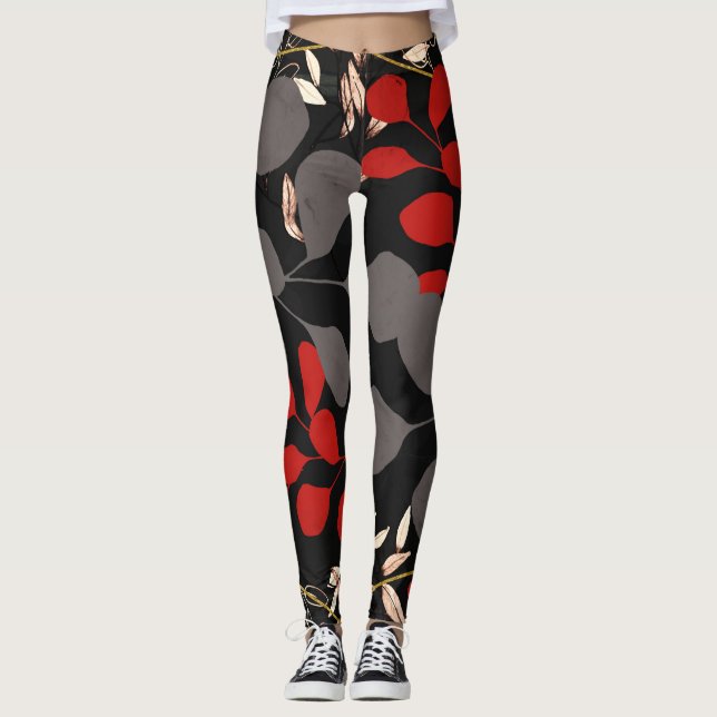 Leggings Noir Gras Rouge Gris Feuilles Botaniques Florales (Devant)