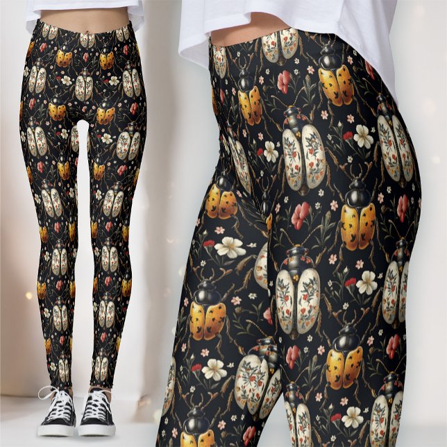 Leggings Noir Or Blanc Floral Coléoptère Botanique (Créateur téléchargé)