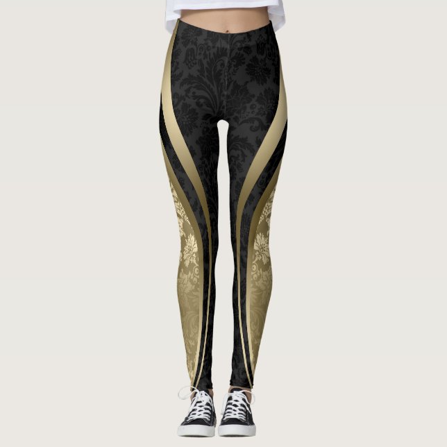 Leggings Noir & Or Floral Damas Conception géométrique (Devant)