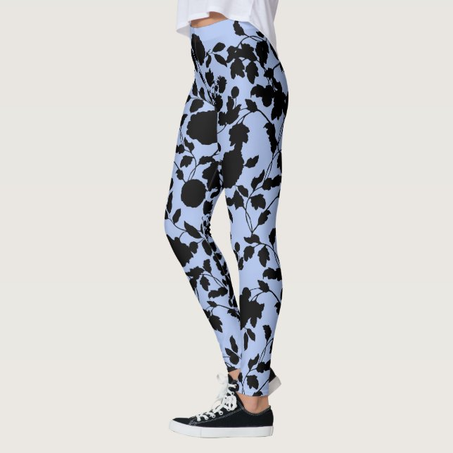 Leggings Noir plat sur la toile florale bleue de Periwinkkk (Gauche)