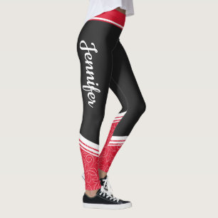 Leggings noir & rouge floral blanc rayures et nom moderne