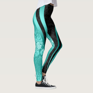 Leggings Noir & Turquoise Floral Damas Conception géométriq